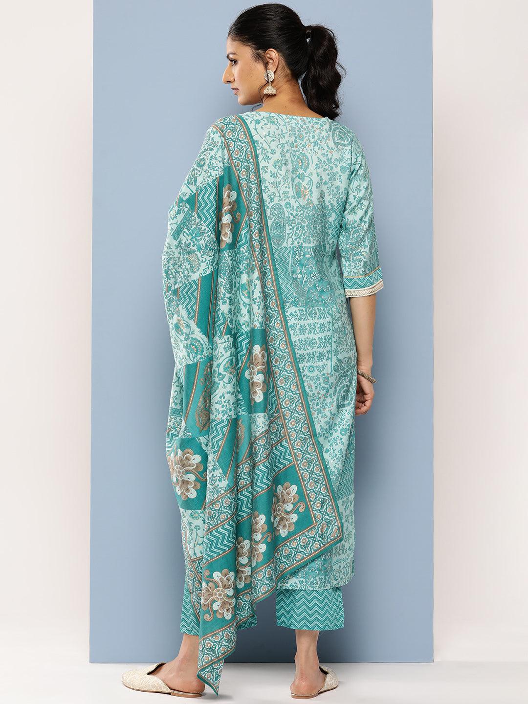 Blue Yoke Design Silk Blend Straight Suit Set With Trousers - Libas 