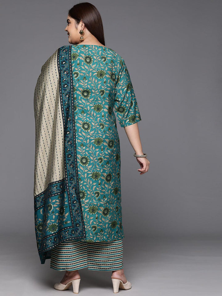 Blue Yoke Design Silk Blend Straight Kurta With Trousers & Dupatta - Libas