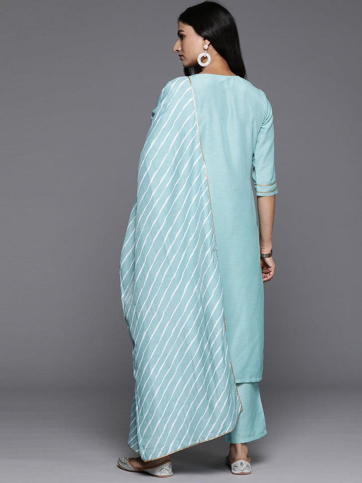 Blue Yoke Design Silk Blend Straight Kurta With Trousers & Dupatta - Libas