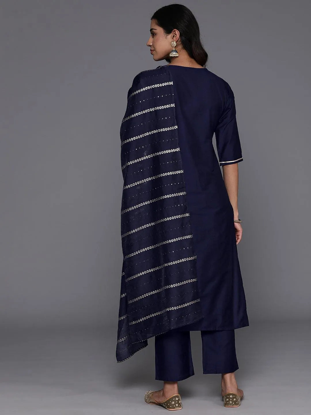 Blue Yoke Design Silk Blend Straight Kurta With Trousers & Dupatta - Libas 