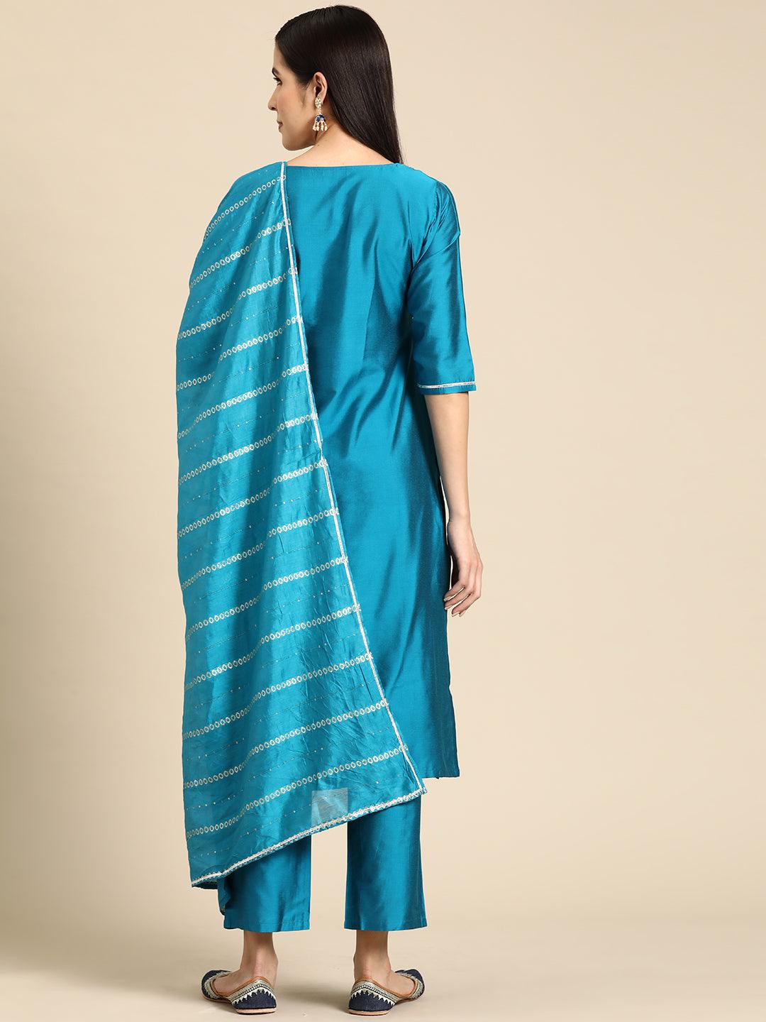 Blue Yoke Design Silk Blend Straight Kurta With Trousers & Dupatta - Libas 