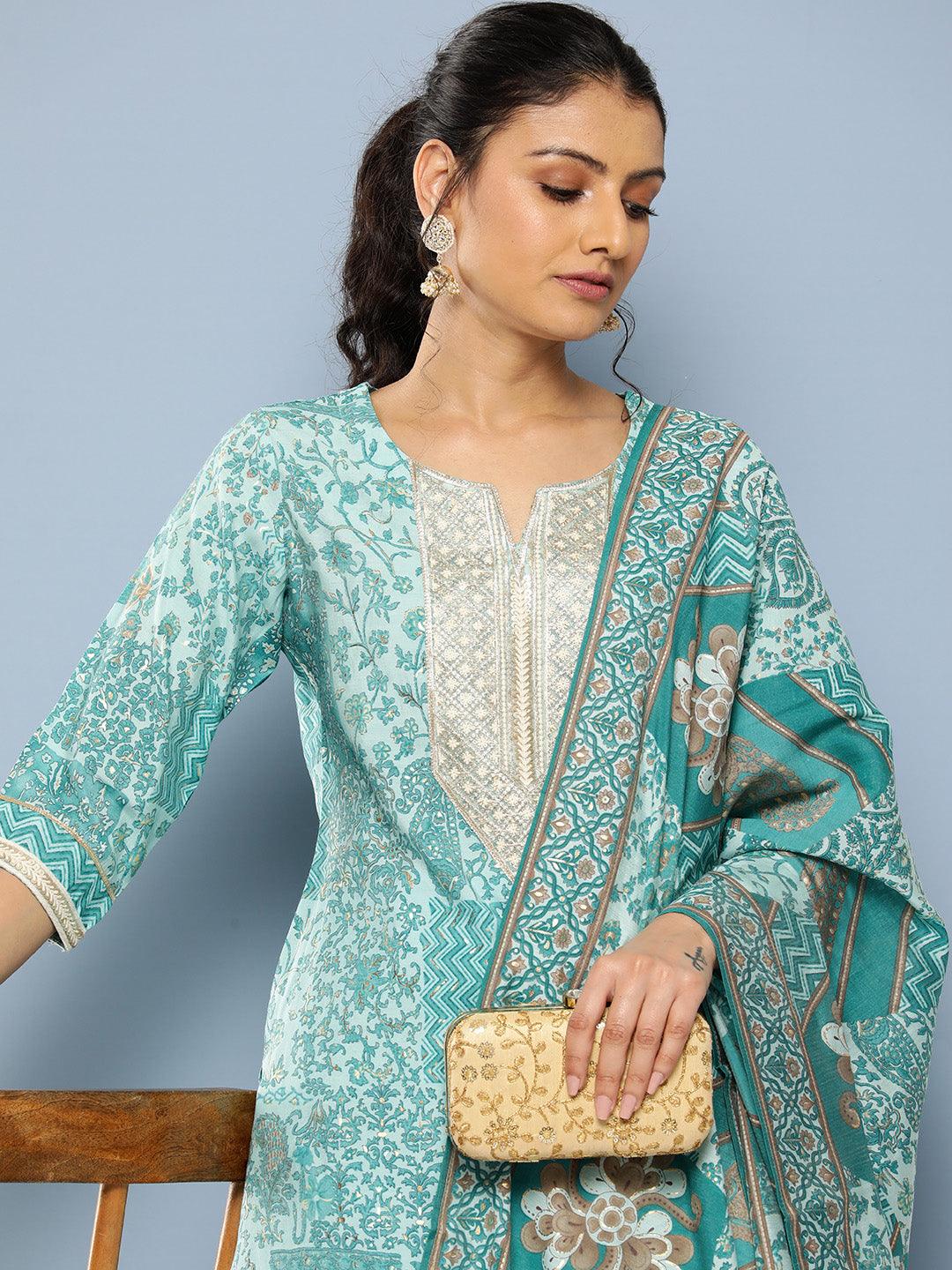 Blue Yoke Design Silk Blend Straight Suit Set With Trousers - Libas 