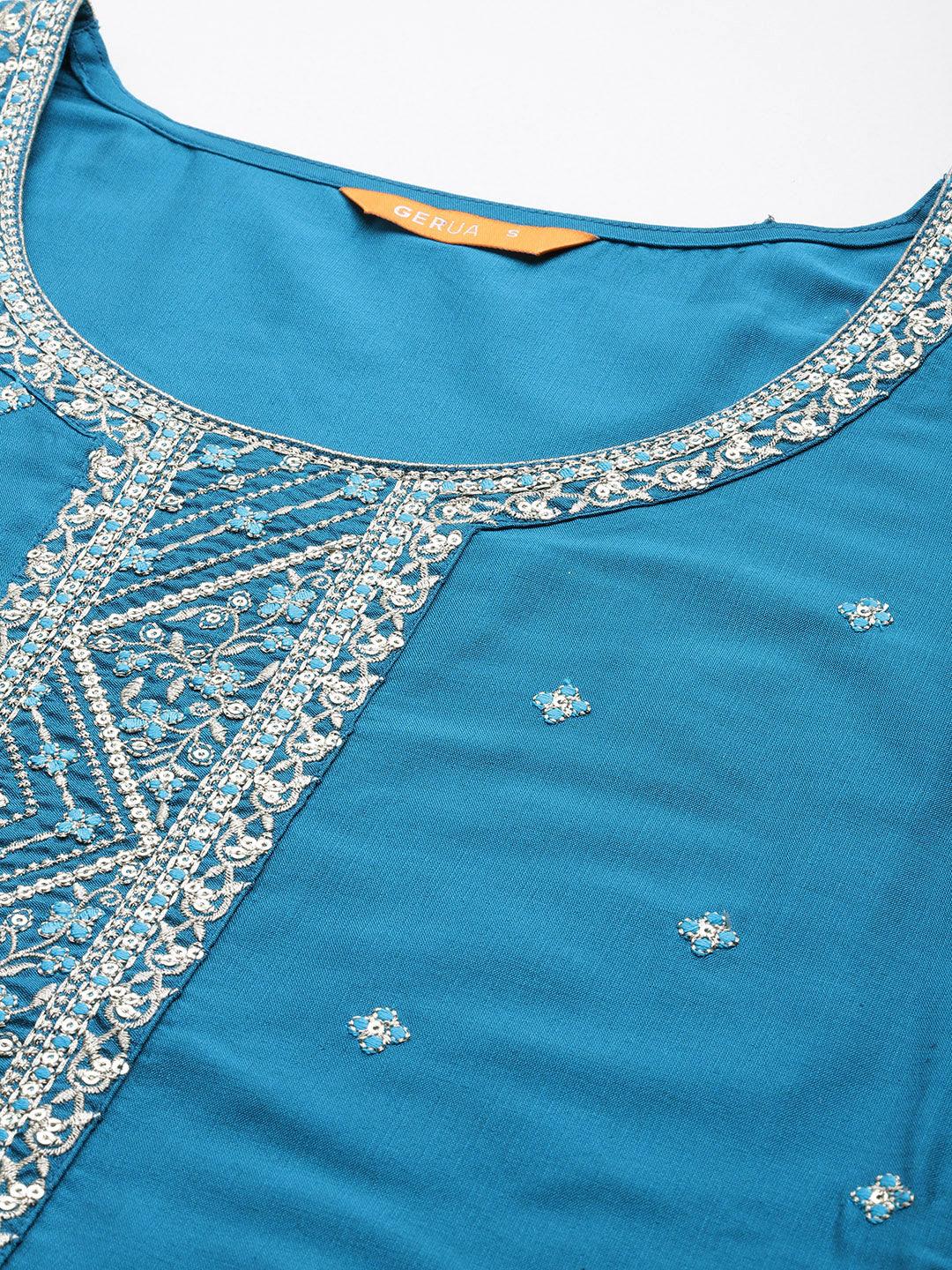 Blue Yoke Design Silk Blend Straight Kurta With Trousers & Dupatta - Libas 