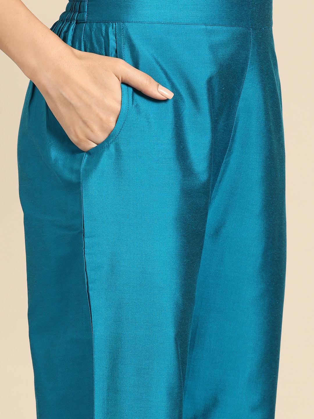 Blue Yoke Design Silk Blend Straight Kurta With Trousers & Dupatta - Libas 