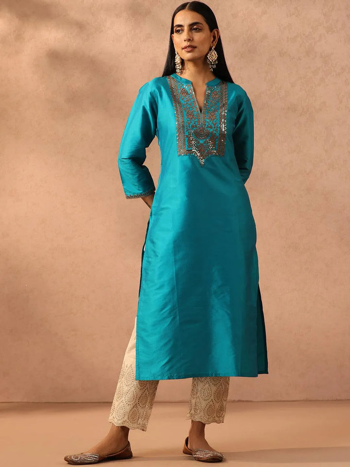 Blue Yoke Design Silk Straight Kurta - Libas