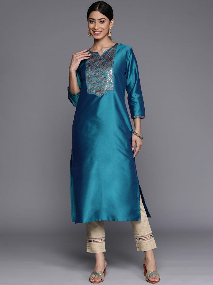 Blue Yoke Design Silk Straight Kurta - Libas