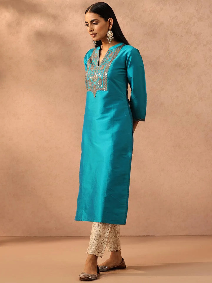 Blue Yoke Design Silk Straight Kurta - Libas