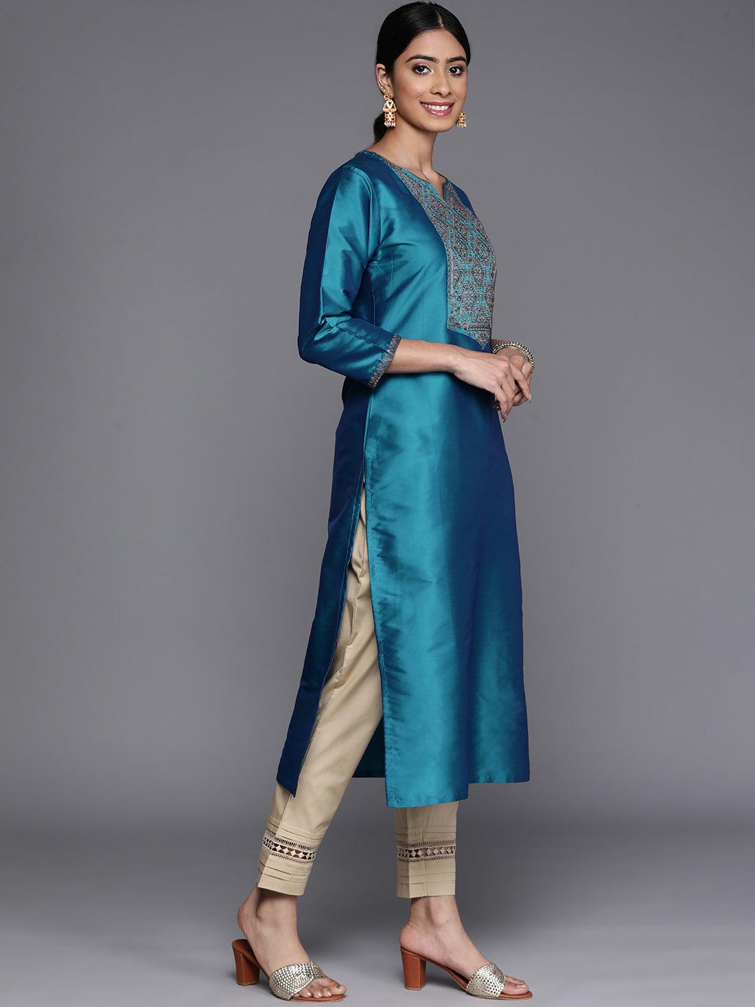 Blue Yoke Design Silk Straight Kurta - Libas