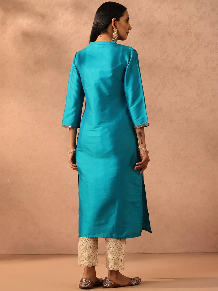 Blue Yoke Design Silk Straight Kurta - Libas