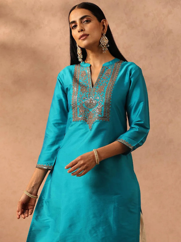 Blue Yoke Design Silk Straight Kurta - Libas