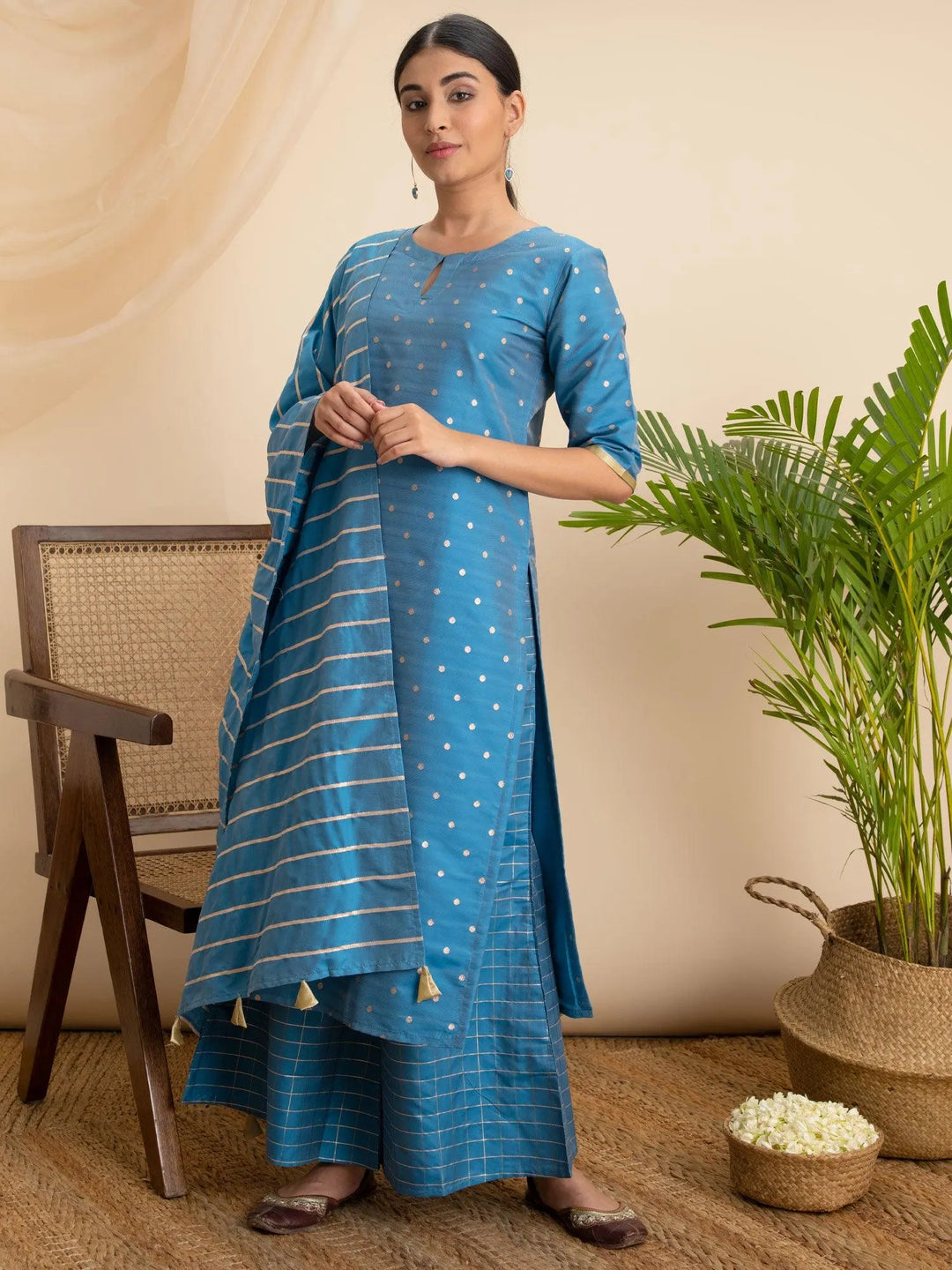 Blue Zari Work Chanderi Suit Set - Libas 