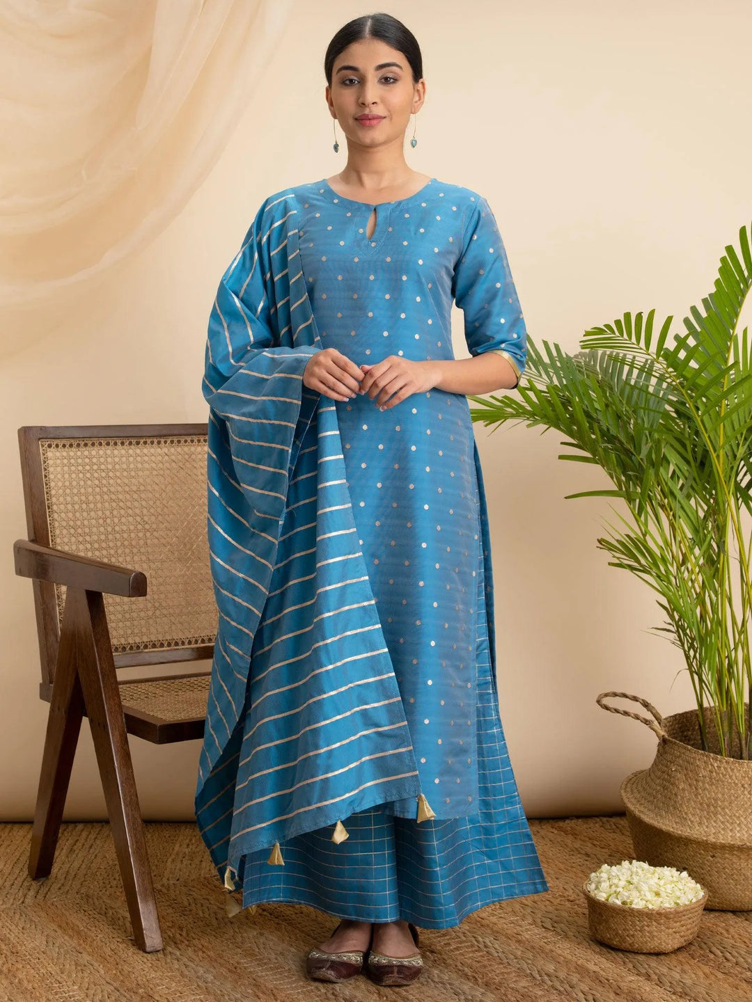 Blue Zari Work Chanderi Suit Set - Libas 