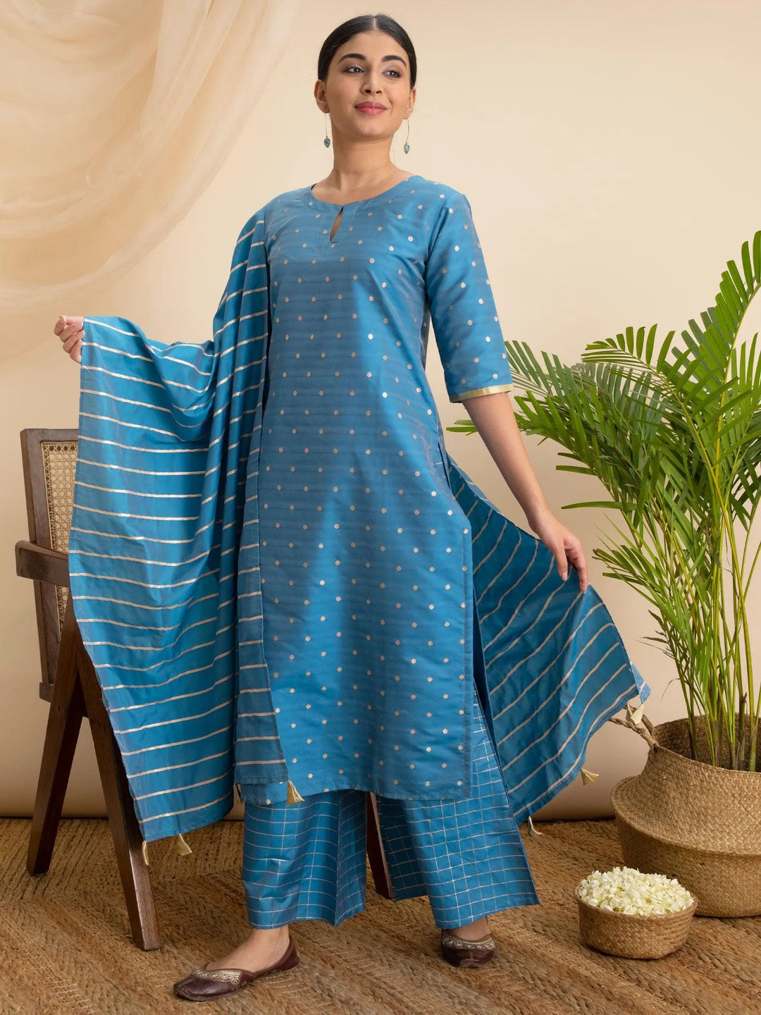 Blue Zari Work Chanderi Suit Set - Libas 