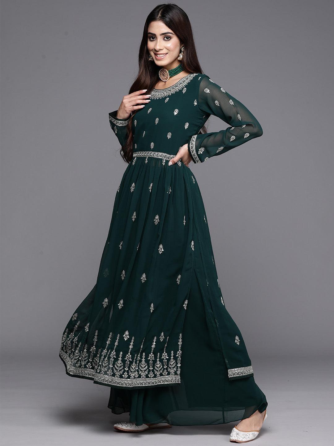 Bottle Green Embroidered Georgette A-Line Kurta With Palazzos & Dupatta - Libas