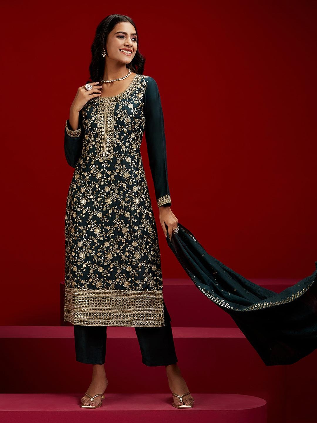 Bottle Green Embroidered Silk Blend Kurta With Trousers & Dupatta - Libas 