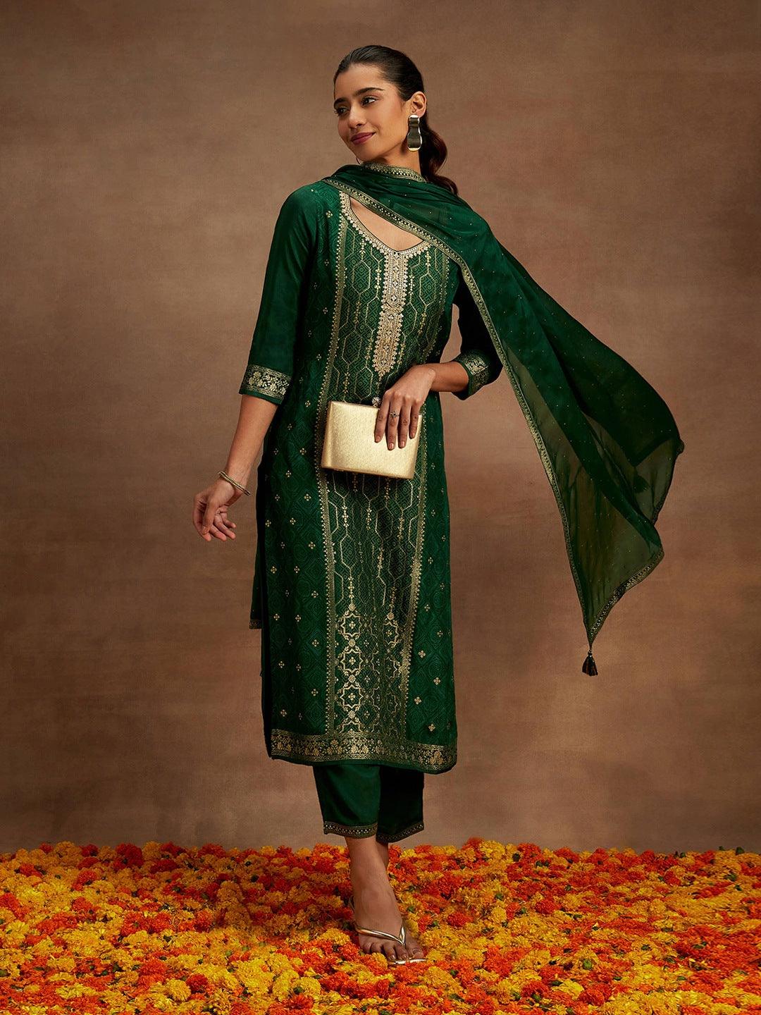 Bottle Green Woven Design Silk Blend Straight Kurta With Trousers & Dupatta - Libas