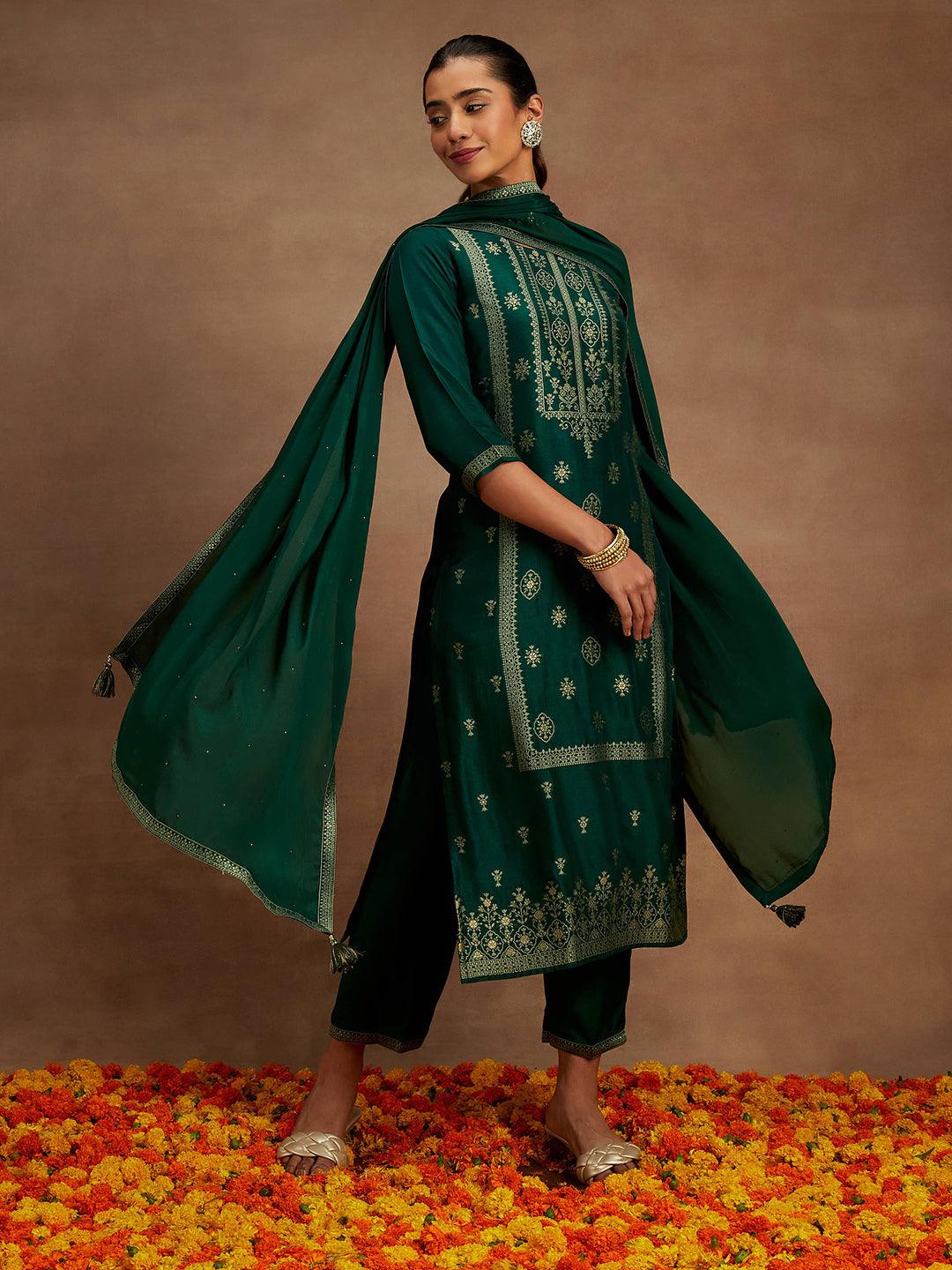 Bottle Green Woven Design Silk Blend Straight Kurta With Trousers & Dupatta - Libas