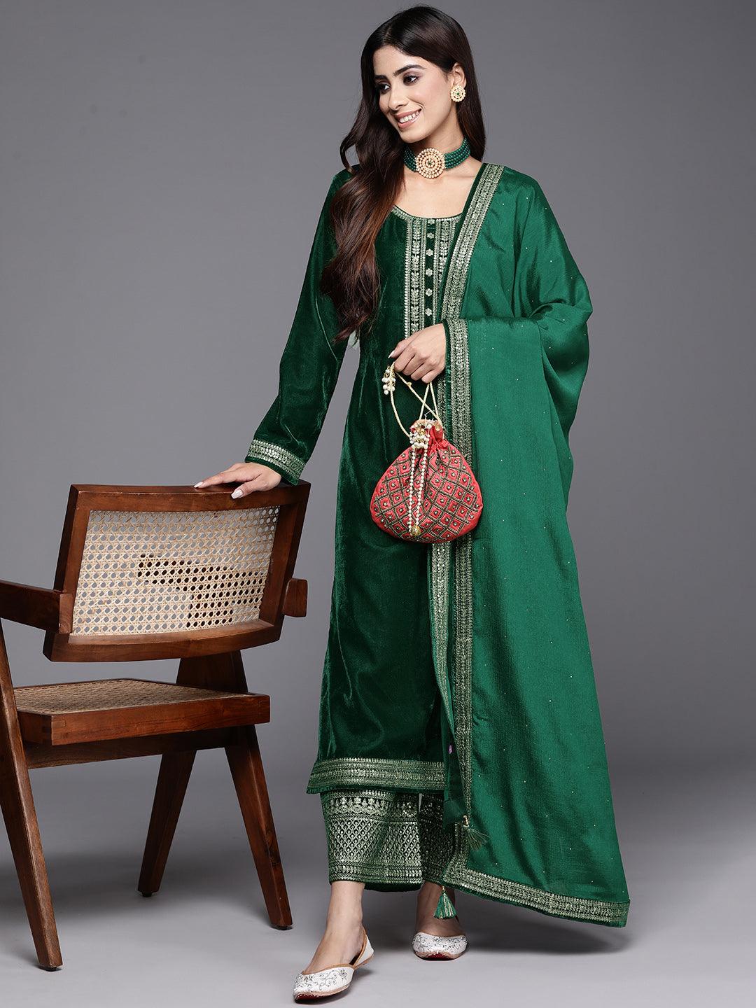 Bottle Green Yoke Design Velvet Straight Kurta With Palazzos & Dupatta - Libas 