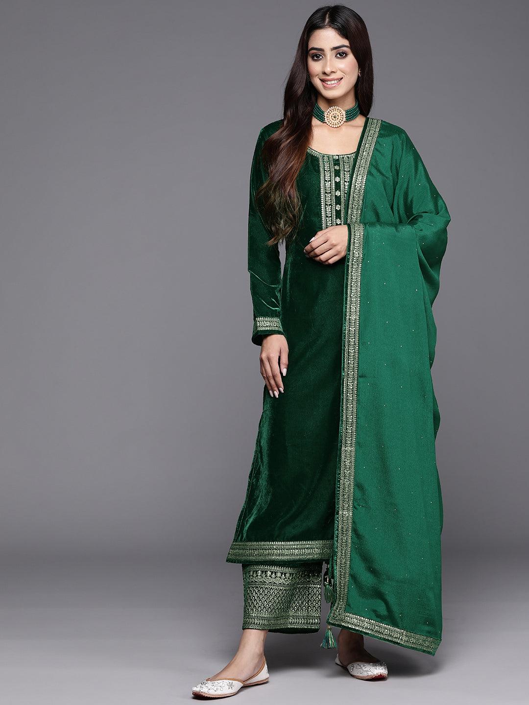 Bottle Green Yoke Design Velvet Straight Kurta With Palazzos & Dupatta - Libas