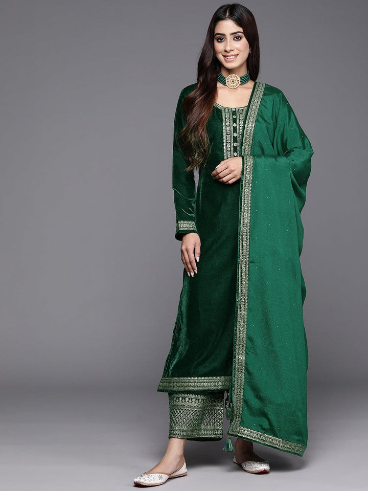 Bottle Green Yoke Design Velvet Straight Kurta With Palazzos & Dupatta - Libas