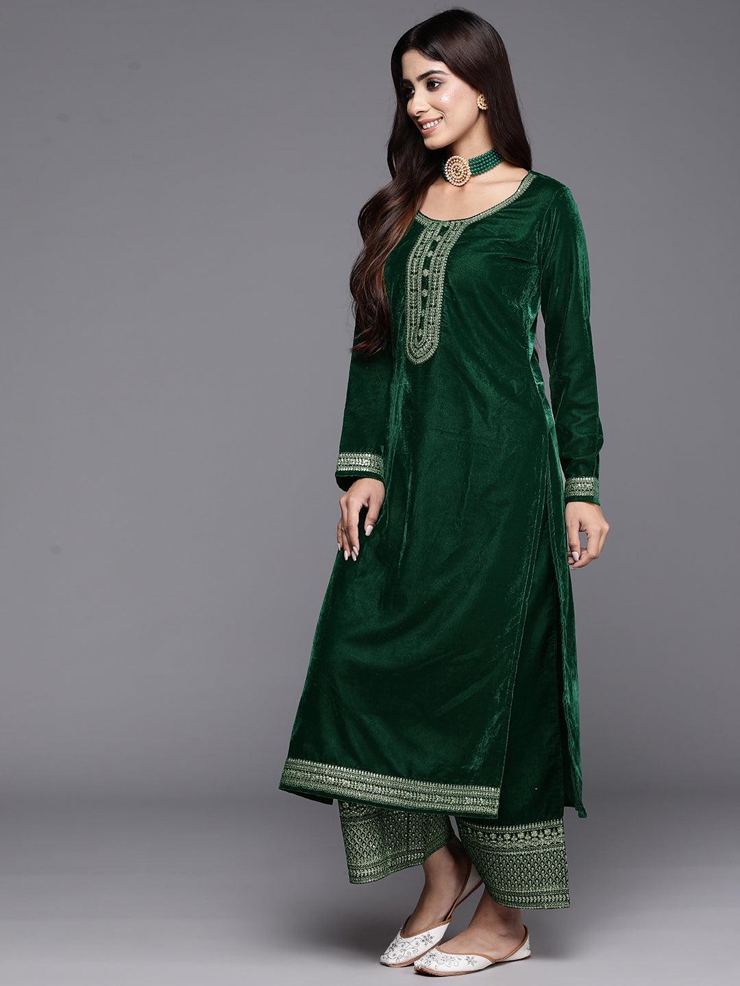 Bottle Green Yoke Design Velvet Straight Kurta With Palazzos & Dupatta - Libas 