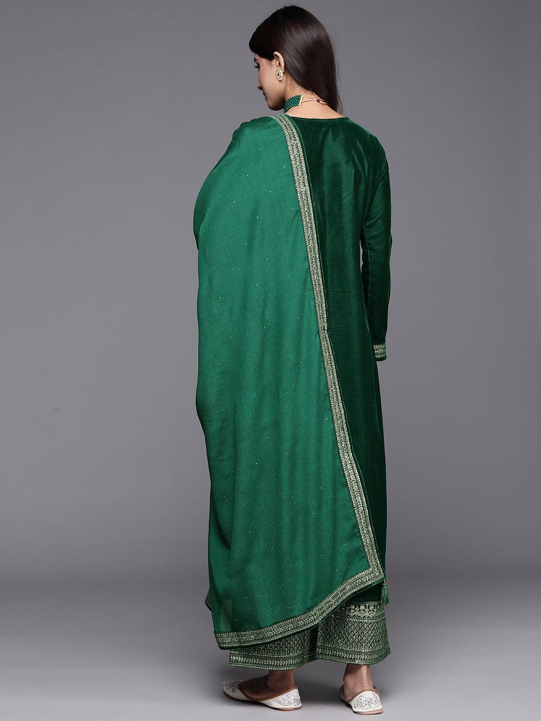 Bottle Green Yoke Design Velvet Straight Kurta With Palazzos & Dupatta - Libas