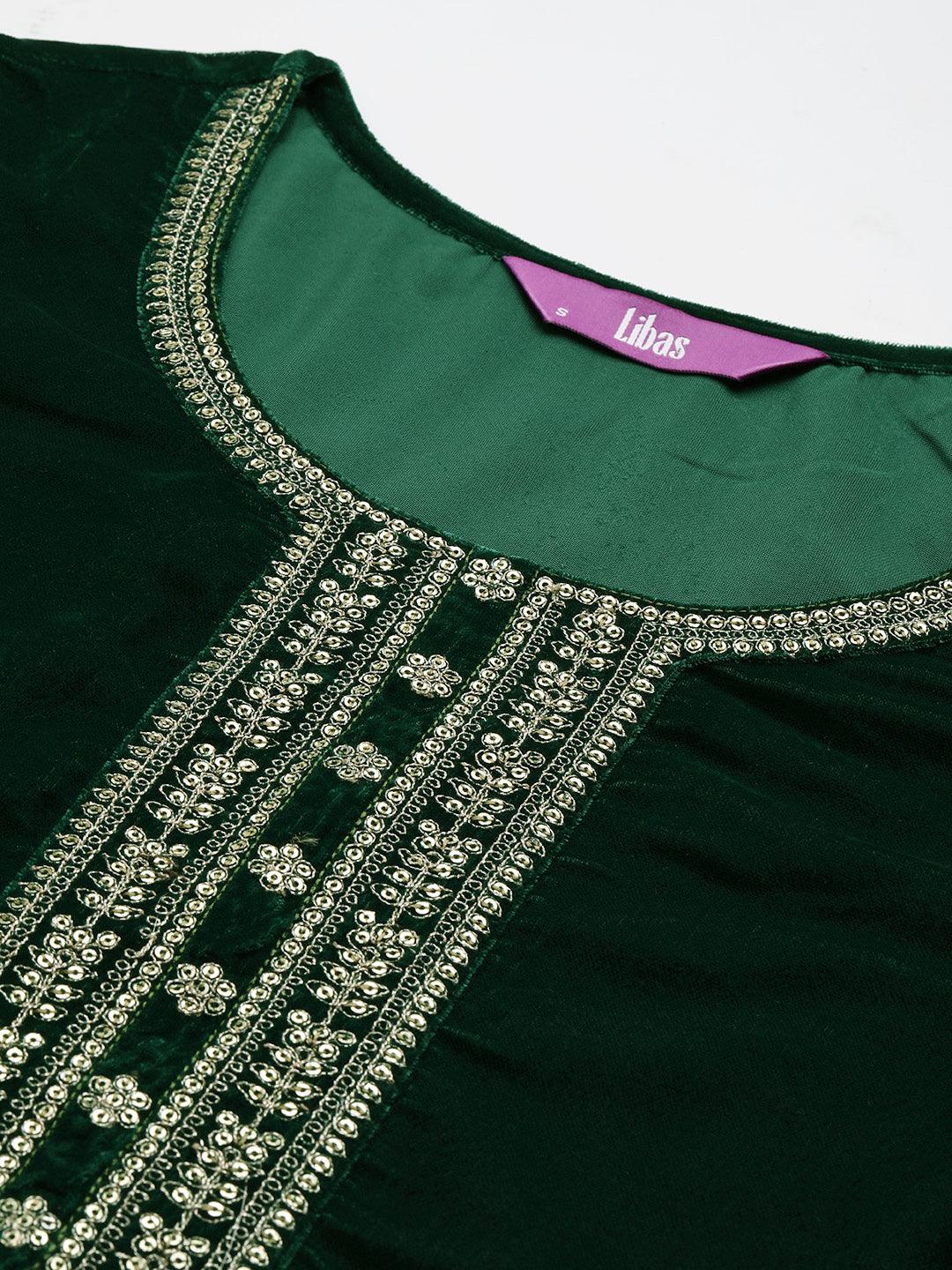 Bottle Green Yoke Design Velvet Straight Kurta With Palazzos & Dupatta - Libas 