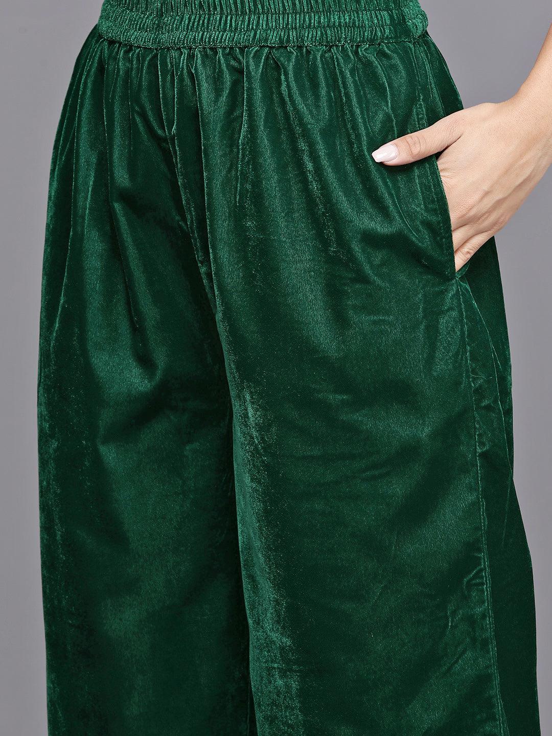 Bottle Green Yoke Design Velvet Straight Kurta With Palazzos & Dupatta - Libas