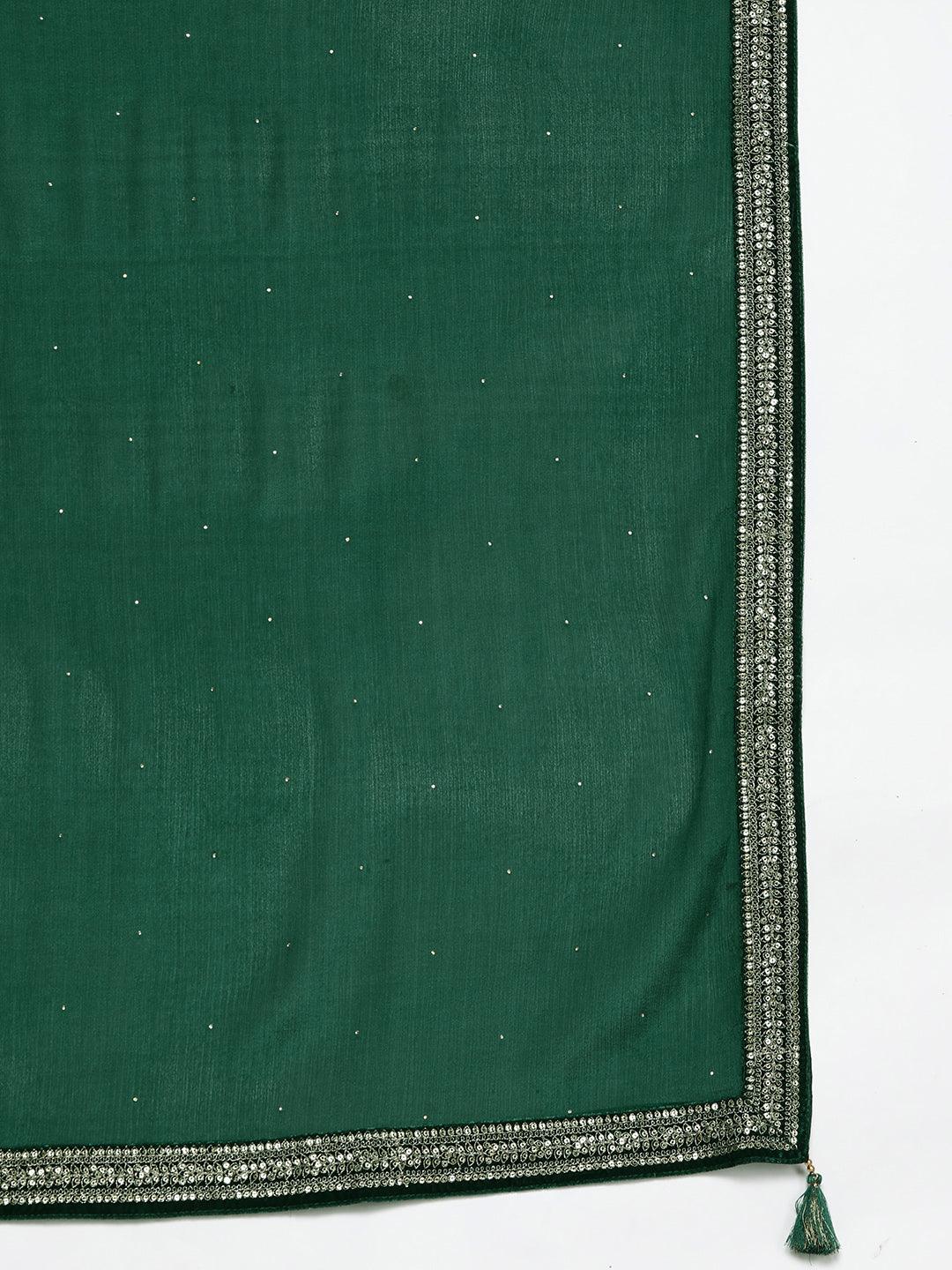 Bottle Green Yoke Design Velvet Straight Kurta With Palazzos & Dupatta - Libas 