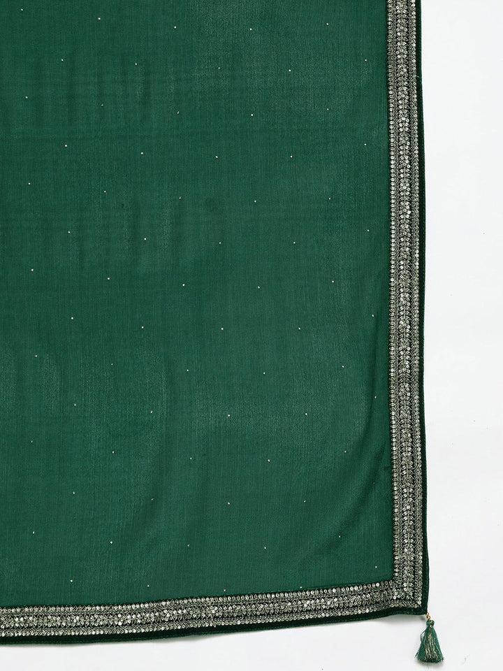 Bottle Green Yoke Design Velvet Straight Kurta With Palazzos & Dupatta - Libas