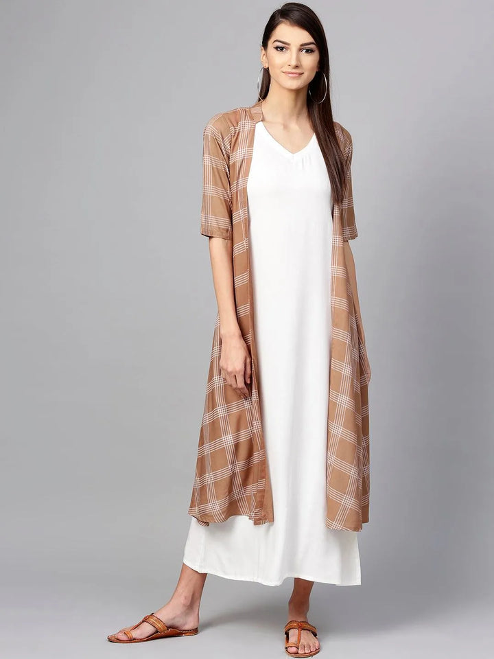 Brown Checkered Rayon Dress With Jacket - Libas