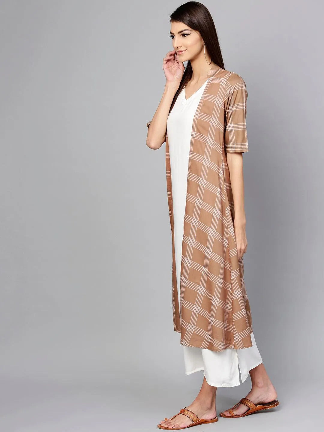 Brown Checkered Rayon Dress With Jacket - Libas