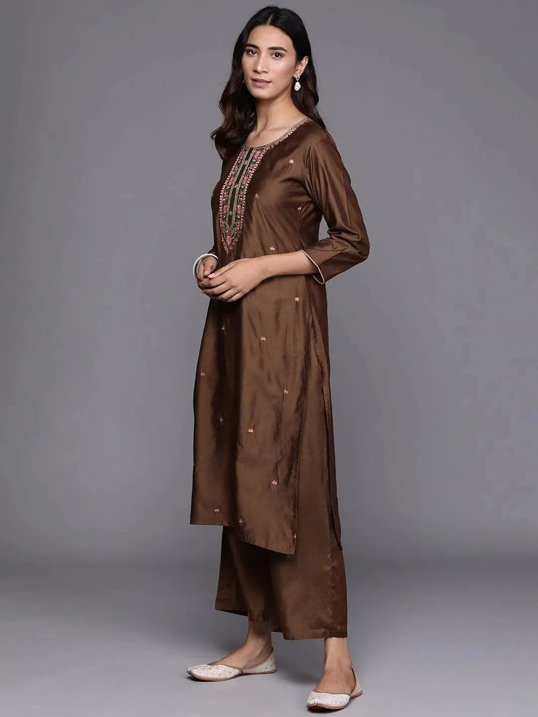 

Brown Embroidered Chanderi Silk Straight Kurta With Palazzos & Dupatta