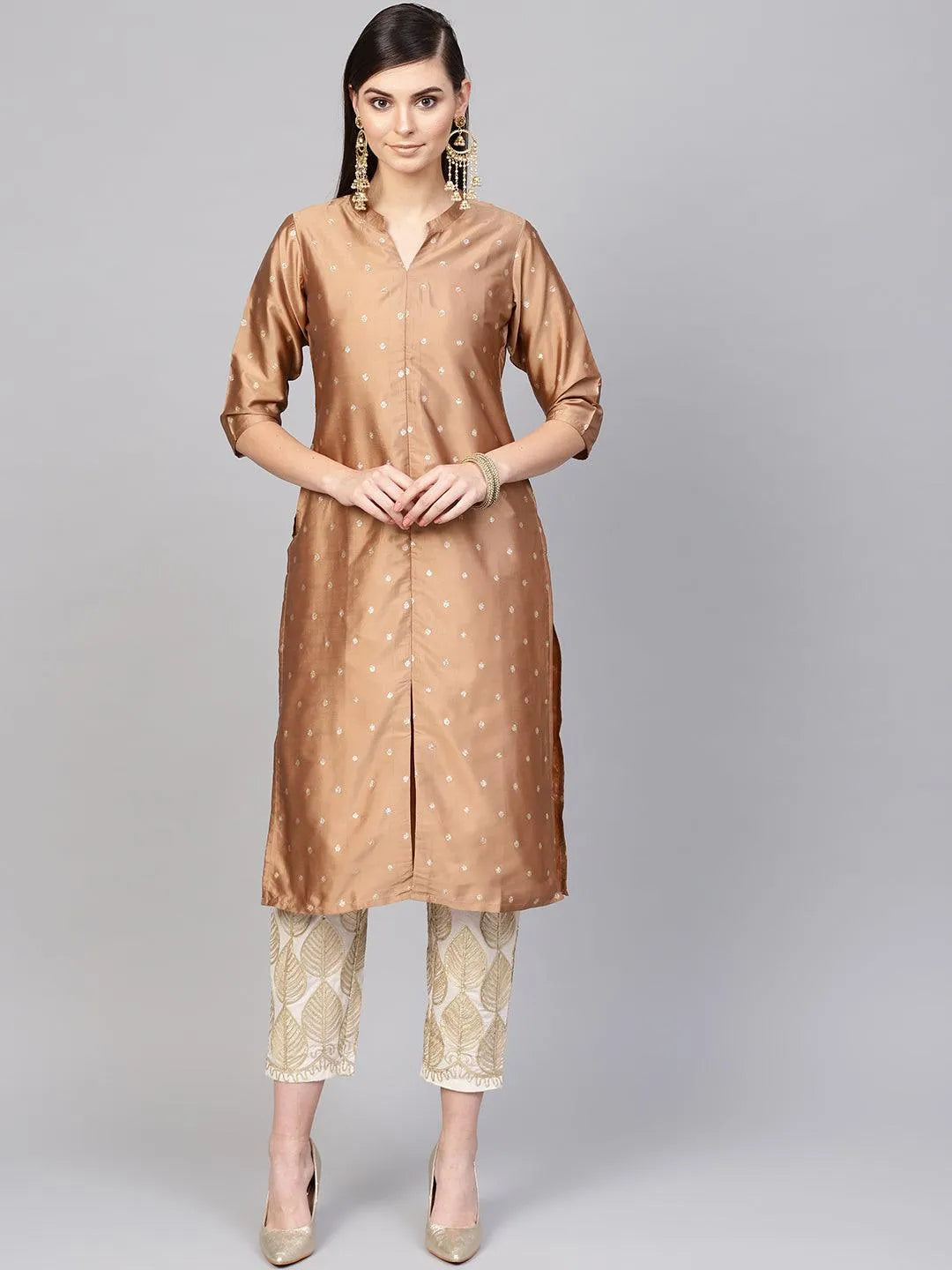 Brown Embroidered Polyester Kurta Set - Libas