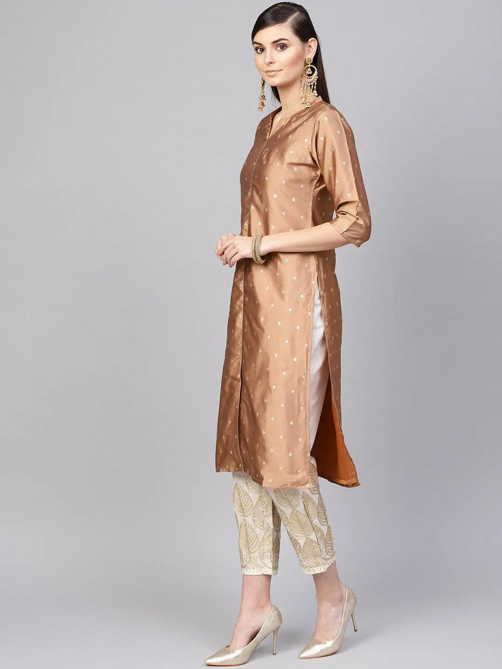 Brown Embroidered Polyester Kurta Set - Libas