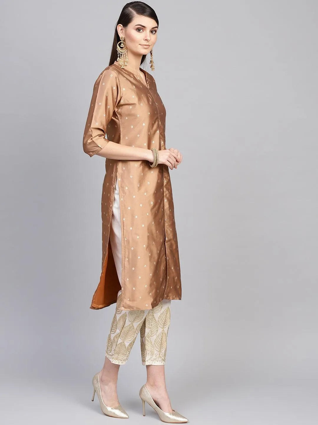 Brown Embroidered Polyester Kurta Set - Libas