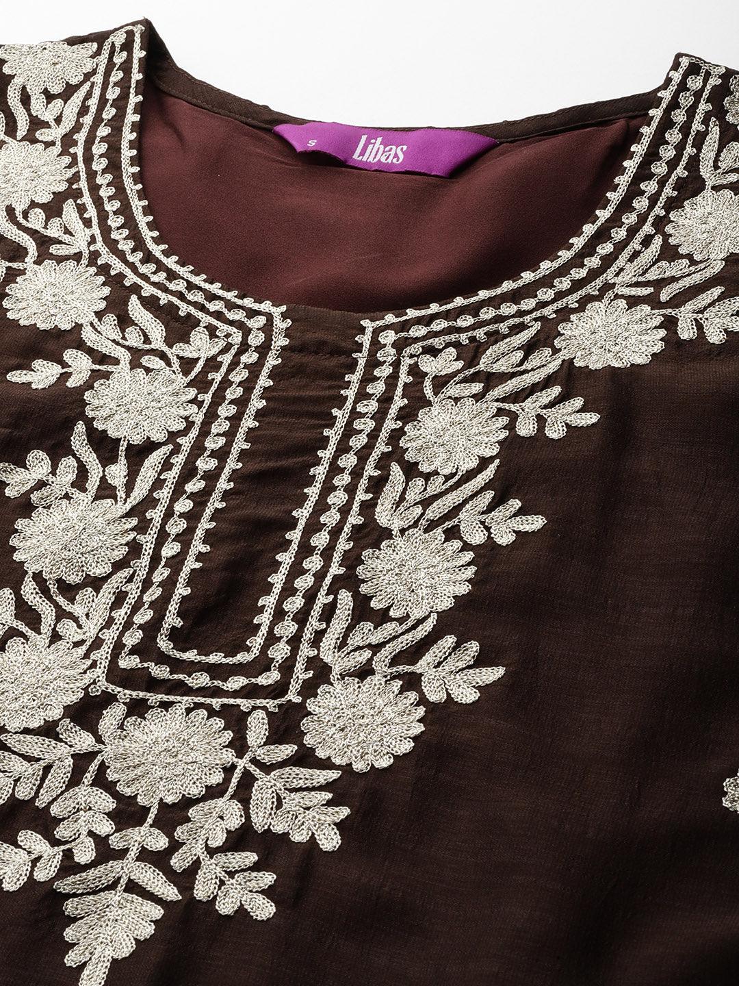 Brown Embroidered Silk Blend Straight Kurta With Trousers & Dupatta - Libas