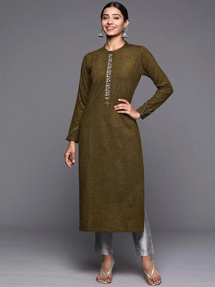 Brown Embroidered Wool Straight Kurta - Libas