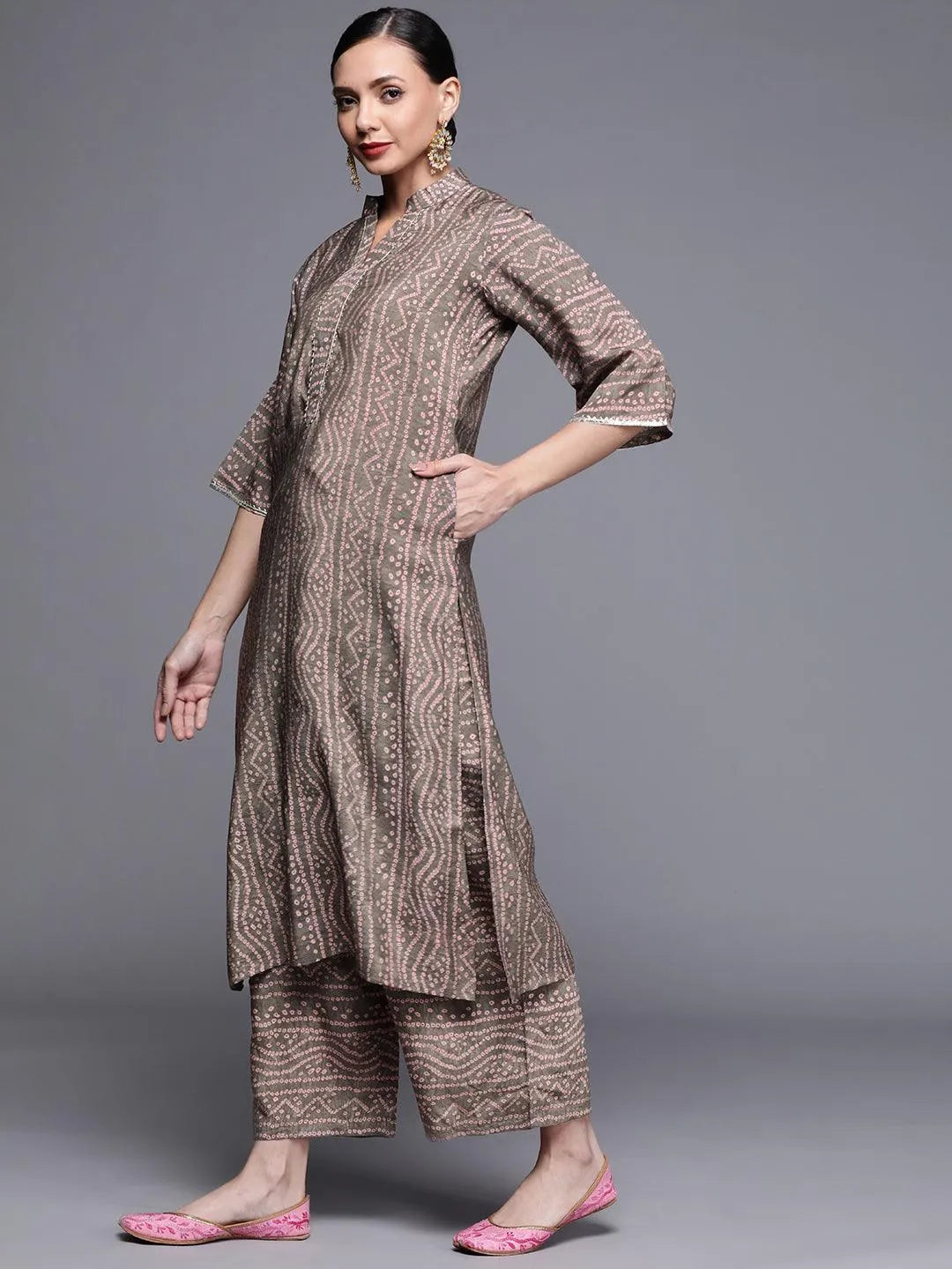 Brown Printed Chanderi Silk Kurta - Libas 