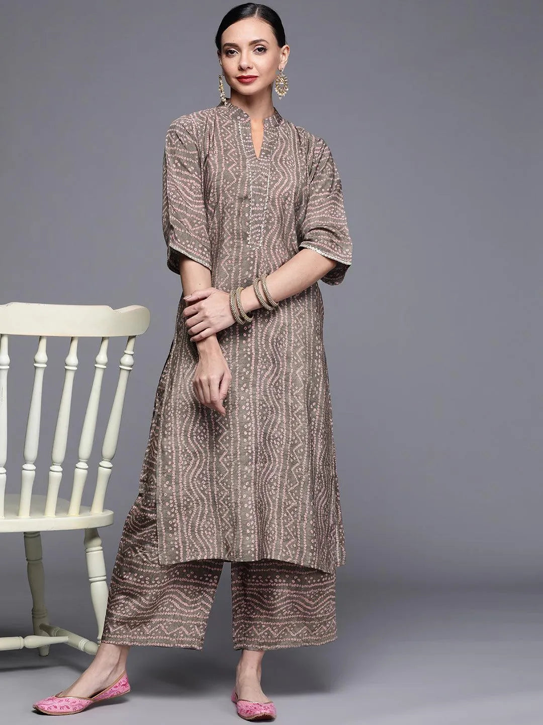 Brown Printed Chanderi Silk Kurta - Libas 