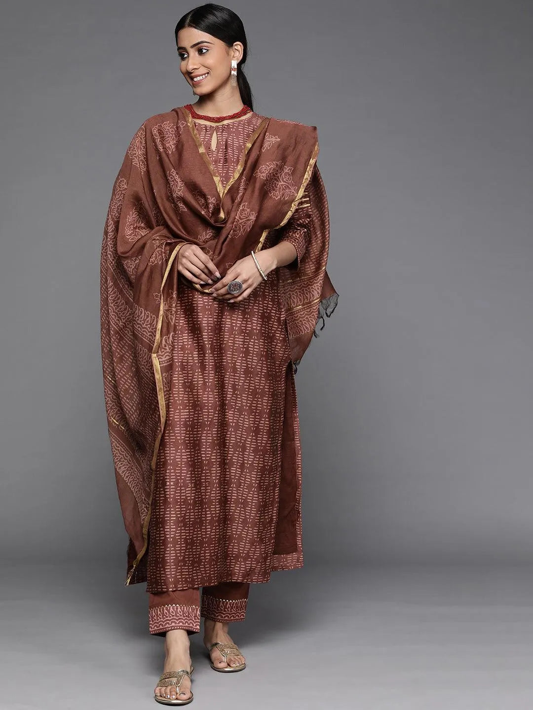 Brown Printed Chanderi Silk Suit Set - Libas 