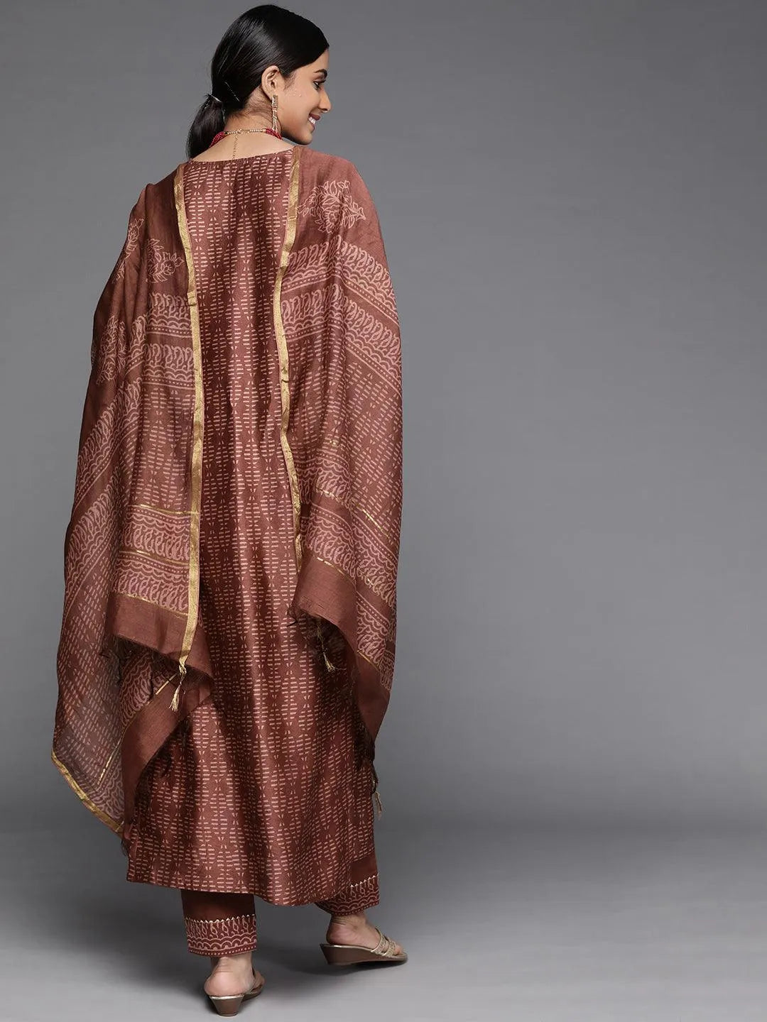 Brown Printed Chanderi Silk Suit Set - Libas