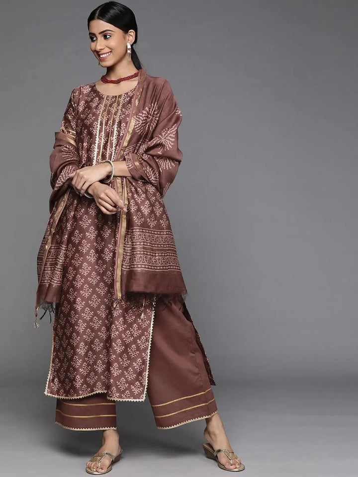 Brown Printed Chanderi Silk Suit Set - Libas