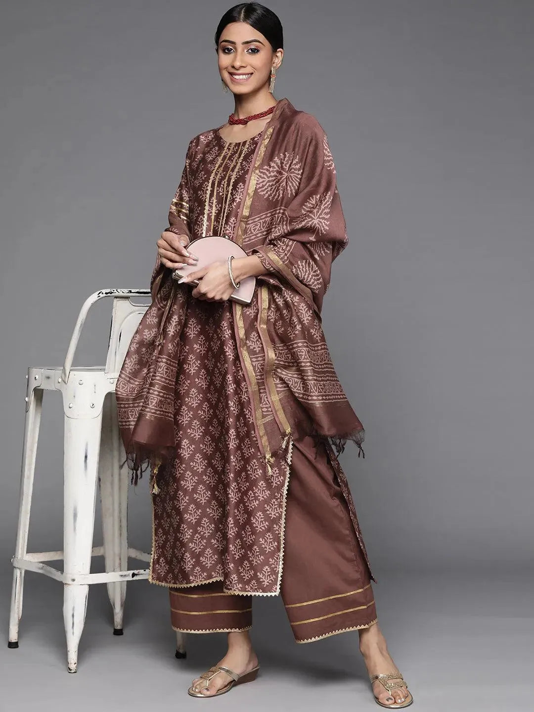 Brown Printed Chanderi Silk Suit Set - Libas