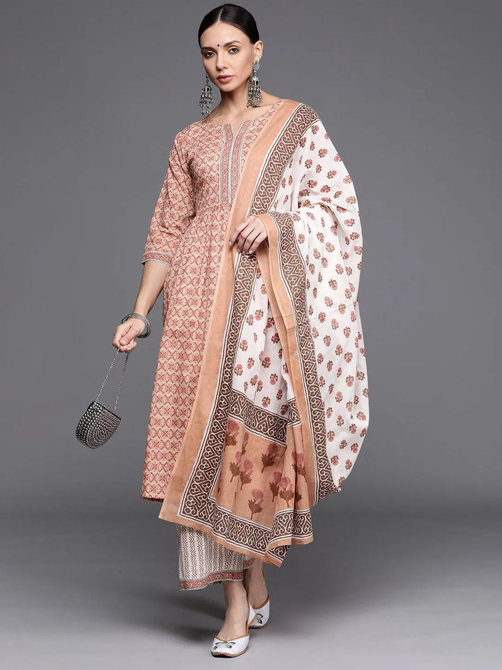 Brown Printed Cotton Suit Set - Libas