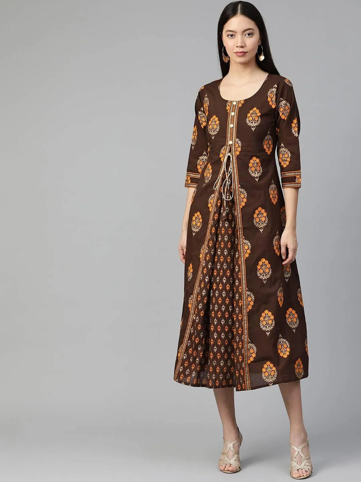 Brown Printed Cotton Dress - Libas