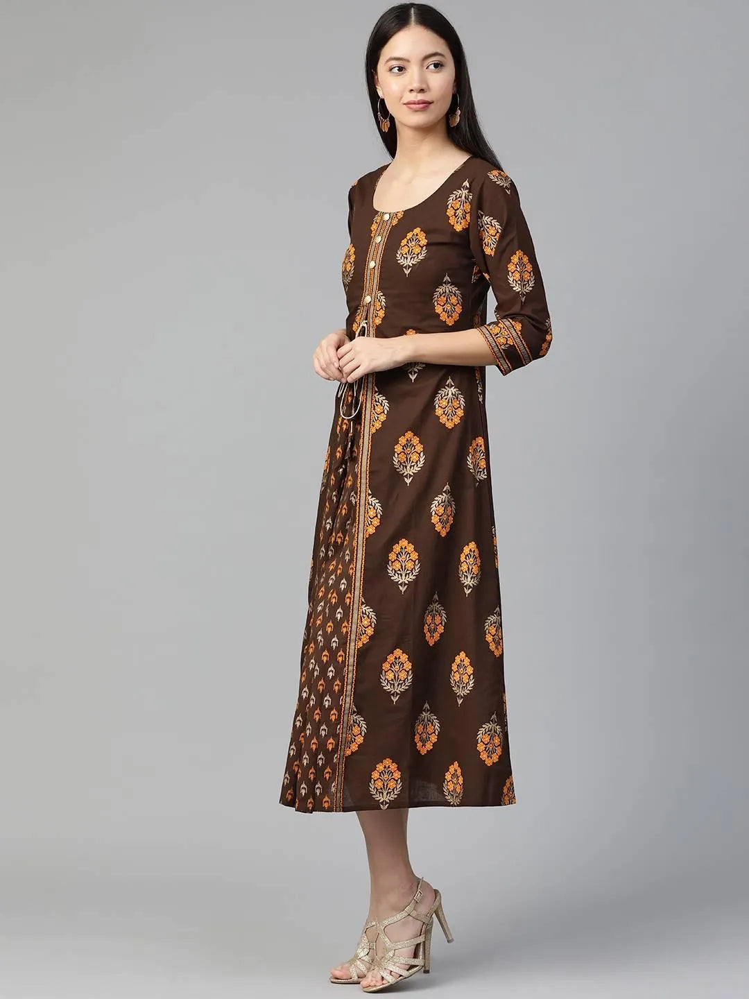 Brown Printed Cotton Dress - Libas