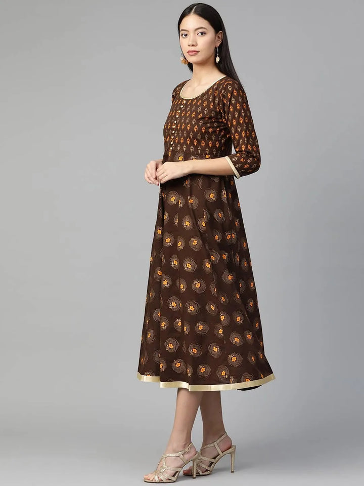 Brown Printed Cotton Dress - Libas