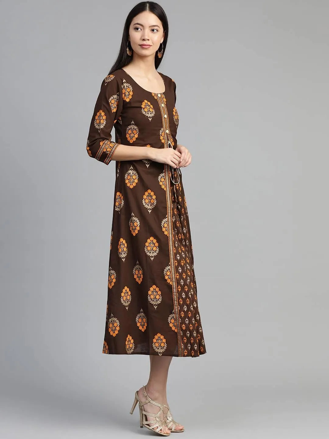 Brown Printed Cotton Dress - Libas