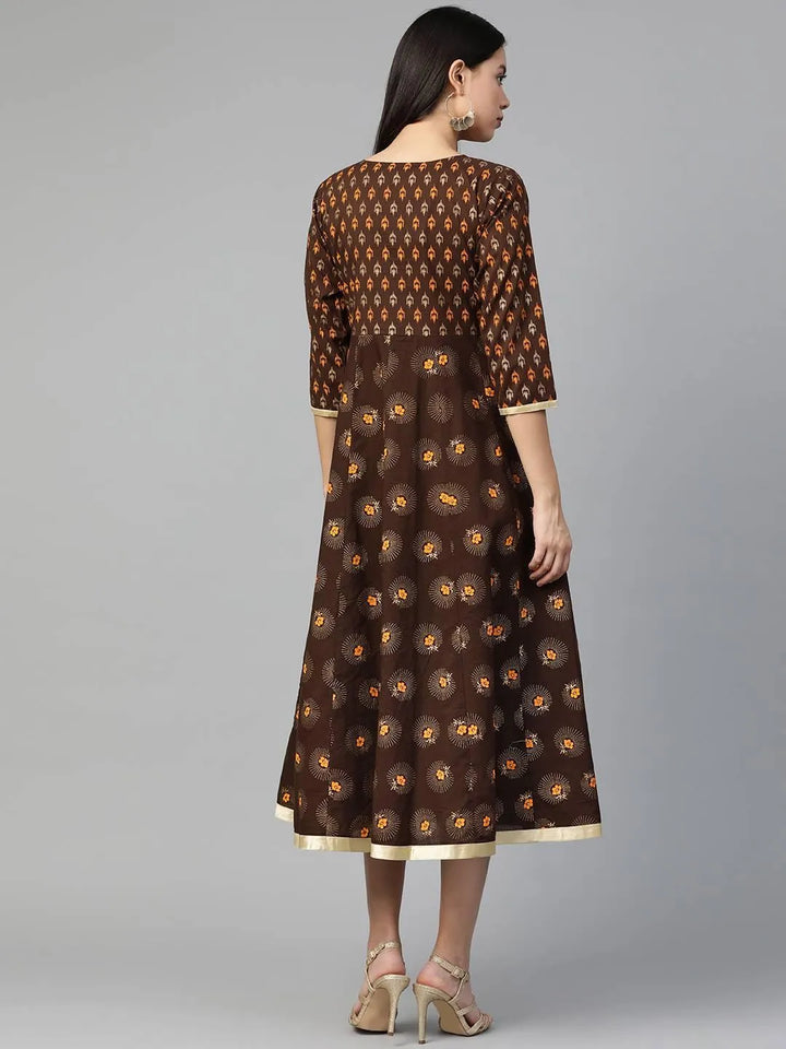 Brown Printed Cotton Dress - Libas